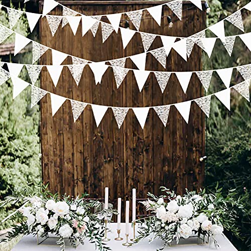 10M/32Ft White Pennant Banner Fabric Lace Triangle Flag Cotton Bunting Garland Streamers for Wedding Chistmas Birthday Anniversary Party Home Nursery Outdoor Garden Hanging Festivals Decorations