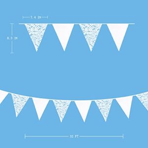 10M/32Ft White Pennant Banner Fabric Lace Triangle Flag Cotton Bunting Garland Streamers for Wedding Chistmas Birthday Anniversary Party Home Nursery Outdoor Garden Hanging Festivals Decorations