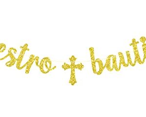 Gold Glitter Nuestro Bautizo Banner - First Holy Communion, God Bless, Spanish Baptism, Baby Shower, Christening Party Decorations