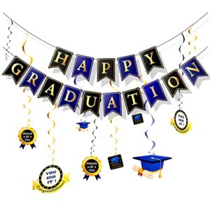 graduation party decorations 2022, happy graduation banner garland photo backdrop streamer and blue graduation cap, proud of you hanging swirls for ceiling home classroom