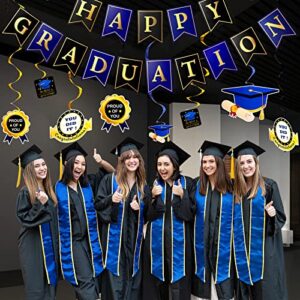 Graduation Party Decorations 2022, Happy Graduation Banner Garland Photo Backdrop Streamer and Blue graduation Cap, Proud of You Hanging Swirls for Ceiling Home Classroom