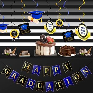 Graduation Party Decorations 2022, Happy Graduation Banner Garland Photo Backdrop Streamer and Blue graduation Cap, Proud of You Hanging Swirls for Ceiling Home Classroom