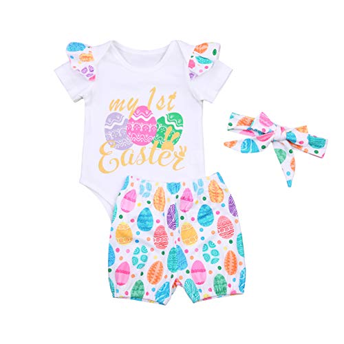 Newborn Baby Girl Easter Outfits My First Easter Short Sleeve Romper+Rabbit Print Shorts Set+Headband 3Pcs Baby Girl Easter Clothes (My 1St Easter A, 6-9 Months)