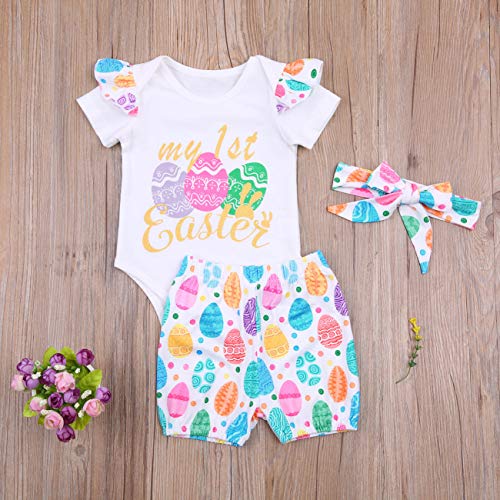 Newborn Baby Girl Easter Outfits My First Easter Short Sleeve Romper+Rabbit Print Shorts Set+Headband 3Pcs Baby Girl Easter Clothes (My 1St Easter A, 6-9 Months)