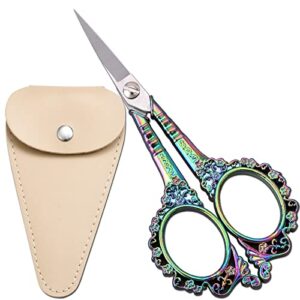 hitopty embroidery scissors, 4.5in small sharp pointed tip vintage detail shears with sheath for craft, sewing, thread cutting, artwork, needlework