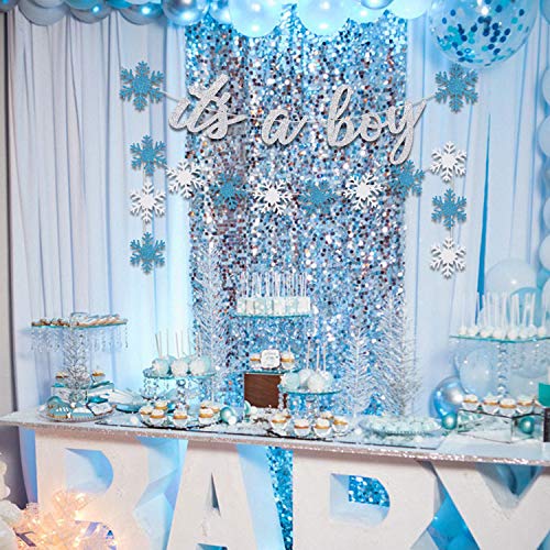 Snowflake Boy Baby Shower Banner Its A Boy Blue Silver Winter Glitter Garland Frozen Christmas Welcome Baby Party Supplies