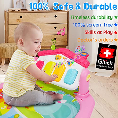 GLÜCK Baby Gyms&Play Mats-Kick and Play Piano Gym Tummy Time Padded Mat, Musical Floor Mat, Activity Piano Gym,Infant Newborn Play Mat for Babies ,Toddlers 0 to12 Months(Pink)