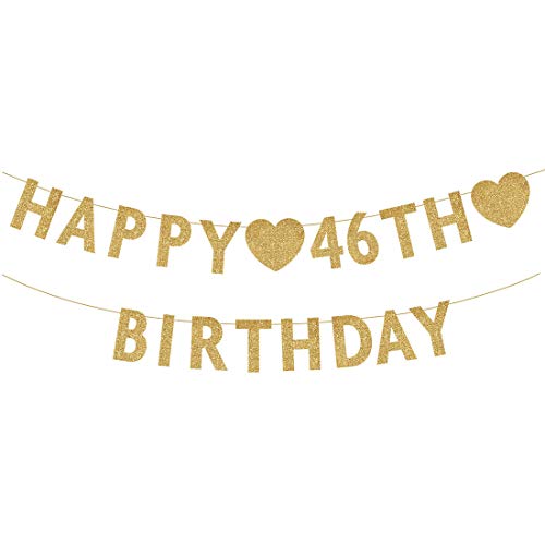 Gold Happy 46th Birthday Banner, Glitter 46 Years Old Woman or Man Party Decorations, Supplies