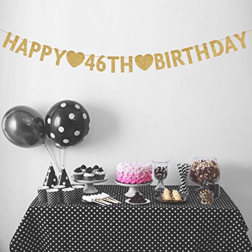 Gold Happy 46th Birthday Banner, Glitter 46 Years Old Woman or Man Party Decorations, Supplies