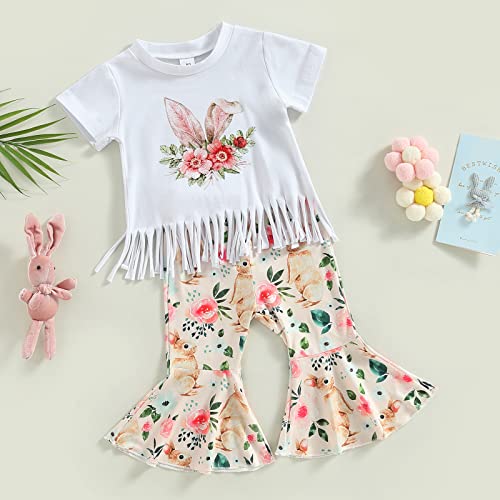 Xdftwdmgqe Toddler Baby Girl Easter Clothes Short Sleeve Letter Print Tops Floral Bell Bottoms Pants 2Pcs Summer Outfit
