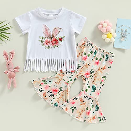 Xdftwdmgqe Toddler Baby Girl Easter Clothes Short Sleeve Letter Print Tops Floral Bell Bottoms Pants 2Pcs Summer Outfit