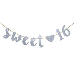 sweet 16 birthday banner glitter sixteen pre-strung decoration 16th birthday party decor supplies cursive bunting photo booth props sign silver