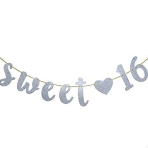 Sweet 16 Birthday Banner Glitter Sixteen Pre-Strung Decoration 16th Birthday Party Decor Supplies Cursive Bunting Photo Booth Props Sign Silver