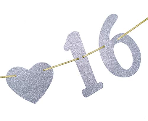 Sweet 16 Birthday Banner Glitter Sixteen Pre-Strung Decoration 16th Birthday Party Decor Supplies Cursive Bunting Photo Booth Props Sign Silver