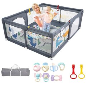 tukiie baby playpen for toddlers, 71″x 59″ extra large dinosaur play pen yards with breathable mesh for babies, indoor & outdoor kids safety play activity center with gates