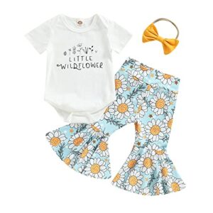 toddler baby girls bell bottoms outfits cow floral print short sleeve romper tops headband cowgirl summer sets (little wildflower & white, 0-6 months)