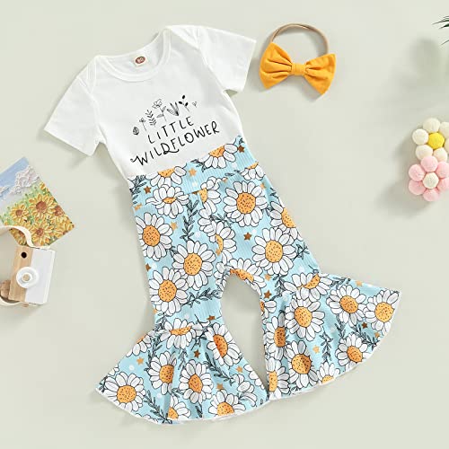 Toddler Baby Girls Bell Bottoms Outfits Cow Floral Print Short Sleeve Romper Tops Headband Cowgirl Summer Sets (Little Wildflower & White, 0-6 Months)