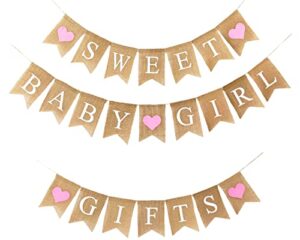 shimmer anna shine sweet baby girl and gifts burlap banner for baby shower decorations and gender reveal party (light pink hearts)