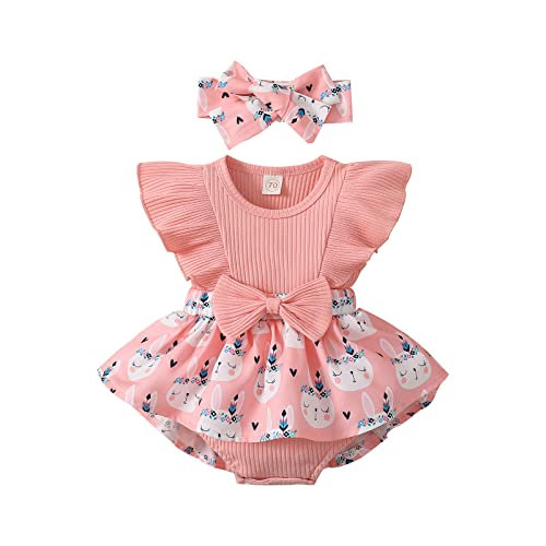 Tsnbre Easter Outfit Baby Girl Romper Fly Sleeve Ribbed Romper with Bunny Print Skirt 0 3 6 12 18 Newborn Clothes (Pink , 12-18 Months )