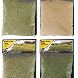 Woodland Scenics Static Grass, 4mm Light Green, 7mm Light Green, 4mm Straw, and 7mm Medium Green (Pack of 4) - with Make Your Day Paintbrushes