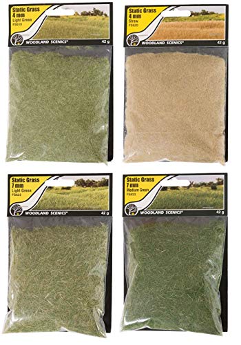 Woodland Scenics Static Grass, 4mm Light Green, 7mm Light Green, 4mm Straw, and 7mm Medium Green (Pack of 4) - with Make Your Day Paintbrushes