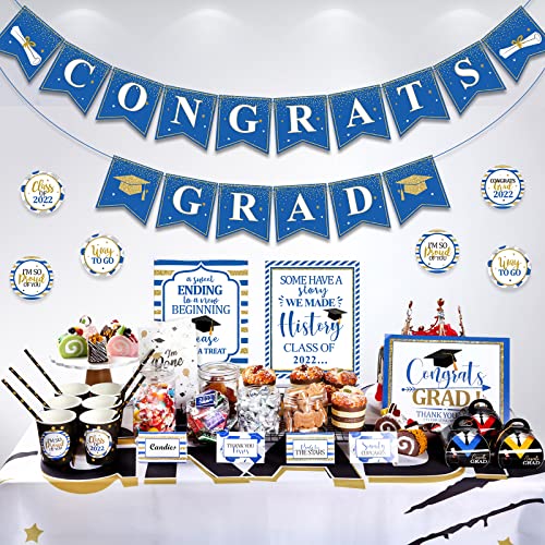 2022 Graduation Candy Bar Buffet Decorations Congrats Grad Kit Congrats Grad Banner Graduation Dessert Table Signs Folding Food Label Tent Cards Set Graduation Cup Tags for Graduation Party (Blue)