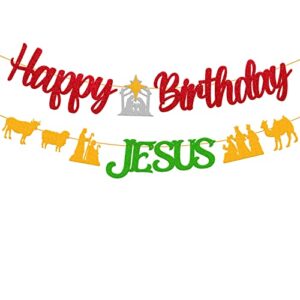 happy birthday jesus banner for christian winter merry chritmas garland jesus’s bday party supplies gold and green decorations