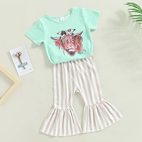 Toddler Western Baby Clothes Girl Short Sleeve t-Shirt top Ruffle Bell Bottoms Flare Pants Kids Summer Clothing (Green,12-18 Months)