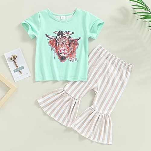 Toddler Western Baby Clothes Girl Short Sleeve t-Shirt top Ruffle Bell Bottoms Flare Pants Kids Summer Clothing (Green,12-18 Months)