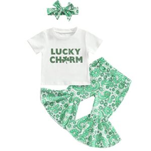 fiomva st patricks day baby girl outfits luck of the irish day letter t shirt+floral long flare pants headband set summer spring clothes (green st patricks day lucky charm outfits, 6-12 months)