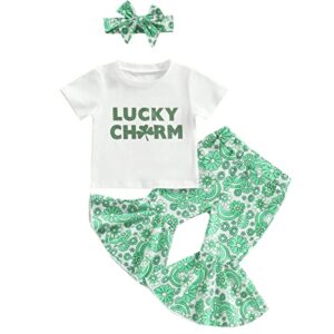 FIOMVA St Patricks Day Baby Girl Outfits Luck of the Irish Day Letter T Shirt+Floral Long Flare Pants Headband Set Summer Spring Clothes (Green St Patricks Day Lucky Charm Outfits, 6-12 Months)