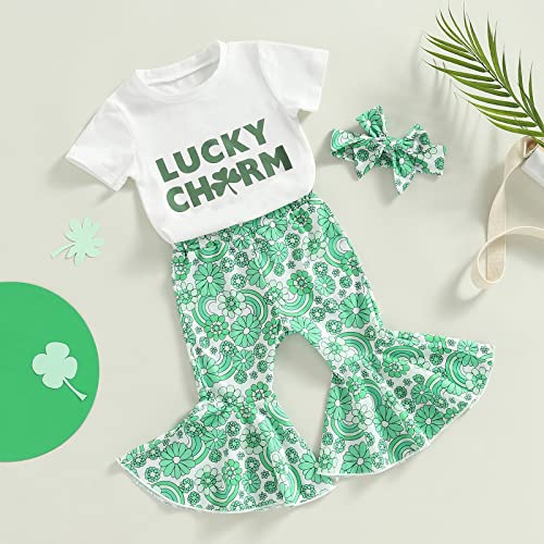 FIOMVA St Patricks Day Baby Girl Outfits Luck of the Irish Day Letter T Shirt+Floral Long Flare Pants Headband Set Summer Spring Clothes (Green St Patricks Day Lucky Charm Outfits, 6-12 Months)