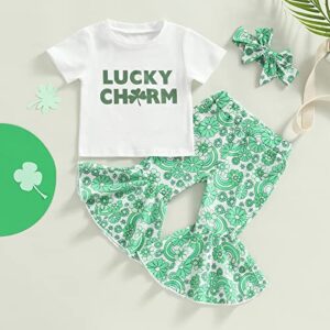 FIOMVA St Patricks Day Baby Girl Outfits Luck of the Irish Day Letter T Shirt+Floral Long Flare Pants Headband Set Summer Spring Clothes (Green St Patricks Day Lucky Charm Outfits, 6-12 Months)