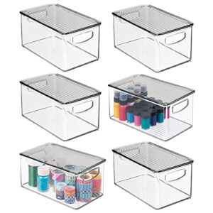 mdesign plastic deep storage organizer bin box with lid/built-in handles for crafting supplies, holder for sewing, crochet, thread, beads, ribbon, glitter, ligne collection, 6 pack, clear/smoke gray