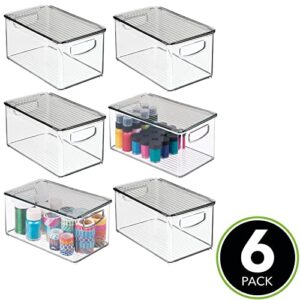 mDesign Plastic Deep Storage Organizer Bin Box with Lid/Built-in Handles for Crafting Supplies, Holder for Sewing, Crochet, Thread, Beads, Ribbon, Glitter, Ligne Collection, 6 Pack, Clear/Smoke Gray