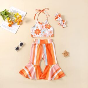 Ursobutegl Toddler Baby Girl Boho Outfits Floral Sleeveless Halter Crop Top Bell Bottom Pants Summer Clothes Set (Colorful, 12-18 Months)