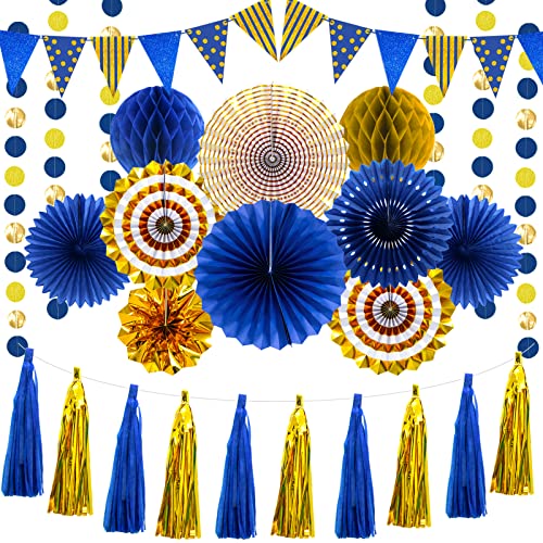 Blue Gold Paper Fans Hanging Glitter Paper Triangle Flag Pennant Banner Tassel Garland Circle Banners Party Decorations for Bachelorette, Birthday Carnival, Engagement Wedding, Baby Bridal Shower