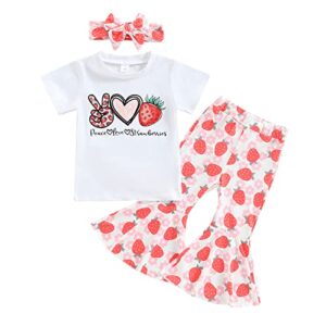 xiaodriceee toddler baby girl summer bell bottom outfit kids short sleeve letter t-shirt top matching flare pants set(ha-strawberry white+red,3-4t)
