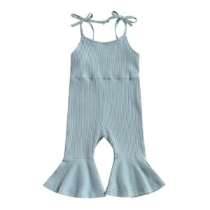 bonangber casual toddler baby girl summer romper ribbed solid color sleeveless suspenders bell bottom pants jumpsuit (blue, 3-4 years)