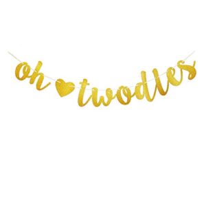 Oh Twodles with Gold Heart Banner for Baby Boy/Girl's 2nd Birthday Party Sign Decoration, Baby Second Birthday Party Bunting