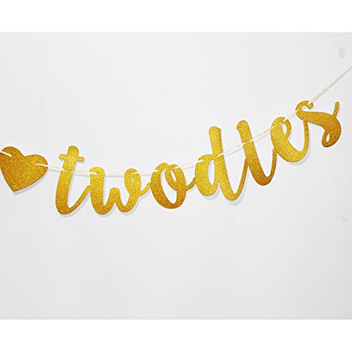 Oh Twodles with Gold Heart Banner for Baby Boy/Girl's 2nd Birthday Party Sign Decoration, Baby Second Birthday Party Bunting