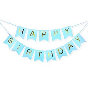 blue happy birthday banner, shimmering gold letters, happy birthday bunting banner for party decorations, swallowtail flag happy birthday sign for kids boys adults birthday