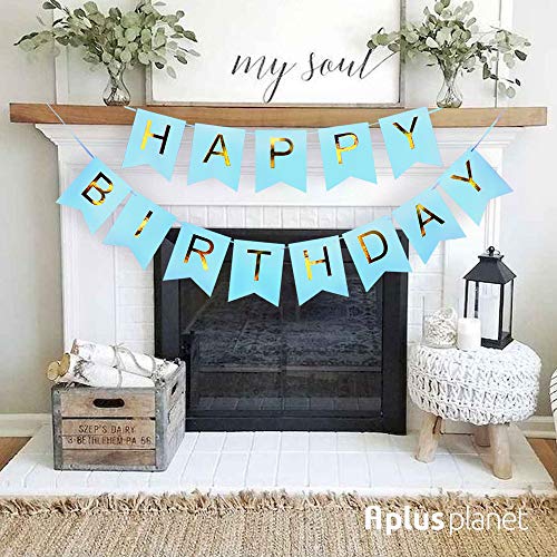 Blue Happy Birthday Banner, Shimmering Gold Letters, Happy Birthday Bunting Banner for Party Decorations, Swallowtail Flag Happy Birthday Sign for Kids Boys Adults Birthday