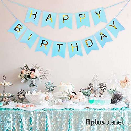 Blue Happy Birthday Banner, Shimmering Gold Letters, Happy Birthday Bunting Banner for Party Decorations, Swallowtail Flag Happy Birthday Sign for Kids Boys Adults Birthday