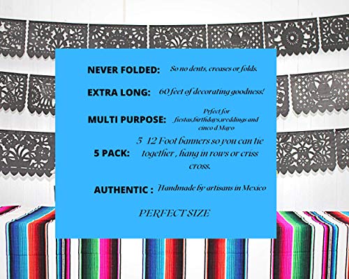 5 Pack Cinco de Mayo Party Decorations, Papel Picado Banner 60 ft Long, Fiesta Black tissue PAPER garland, Mexican Decorations, Weddings, Quinceaneras, Birthdays, Fiesta party supplies, WS250