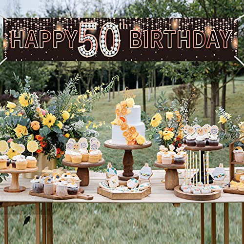 50th Birthday Banner Backdrop Decorations for Women, Rose Gold Happy 50 Birthday Party Photo Booth Props Sign Supplies, 50 Year Old Birthday Poster Decor(9.8ft x 1.6ft)