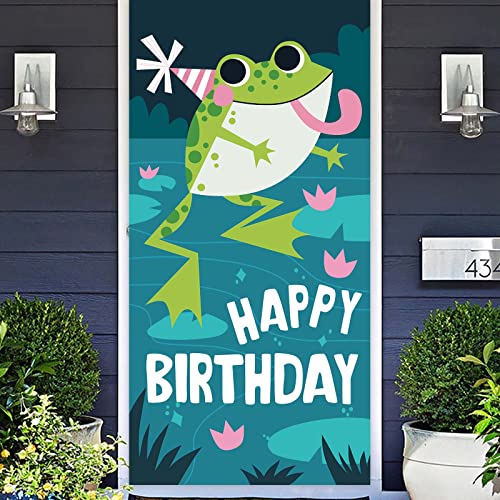 Cute Cartoon Green Frog Happy Birthday Banner Decorations Reptile Animals Theme Decor for Girls Boys Prince Princess 1st Birthday Party Baby Shower Supplies Photo Booth Props