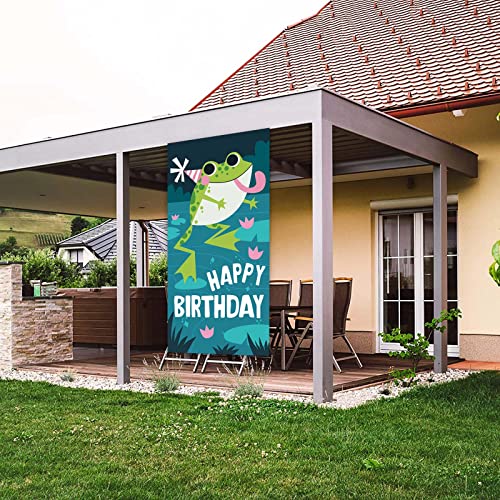 Cute Cartoon Green Frog Happy Birthday Banner Decorations Reptile Animals Theme Decor for Girls Boys Prince Princess 1st Birthday Party Baby Shower Supplies Photo Booth Props