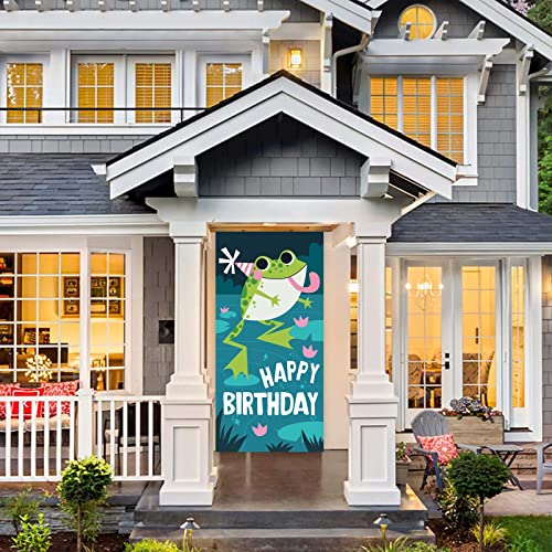 Cute Cartoon Green Frog Happy Birthday Banner Decorations Reptile Animals Theme Decor for Girls Boys Prince Princess 1st Birthday Party Baby Shower Supplies Photo Booth Props