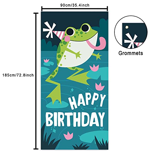 Cute Cartoon Green Frog Happy Birthday Banner Decorations Reptile Animals Theme Decor for Girls Boys Prince Princess 1st Birthday Party Baby Shower Supplies Photo Booth Props